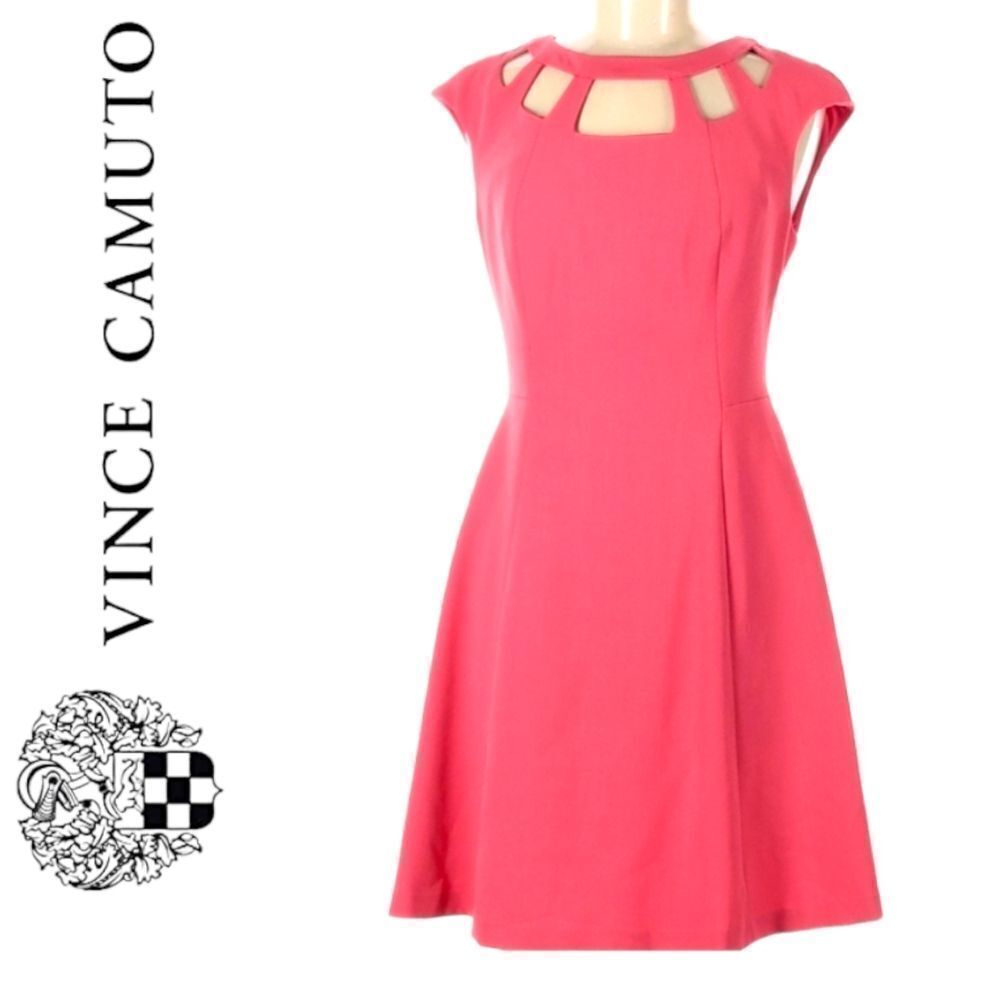 VINCE CAMUTO BUBBLEGUM BARBIE PINK CUT OUT NECKLINE CAP SLEEVE FIT FLARE DRESS